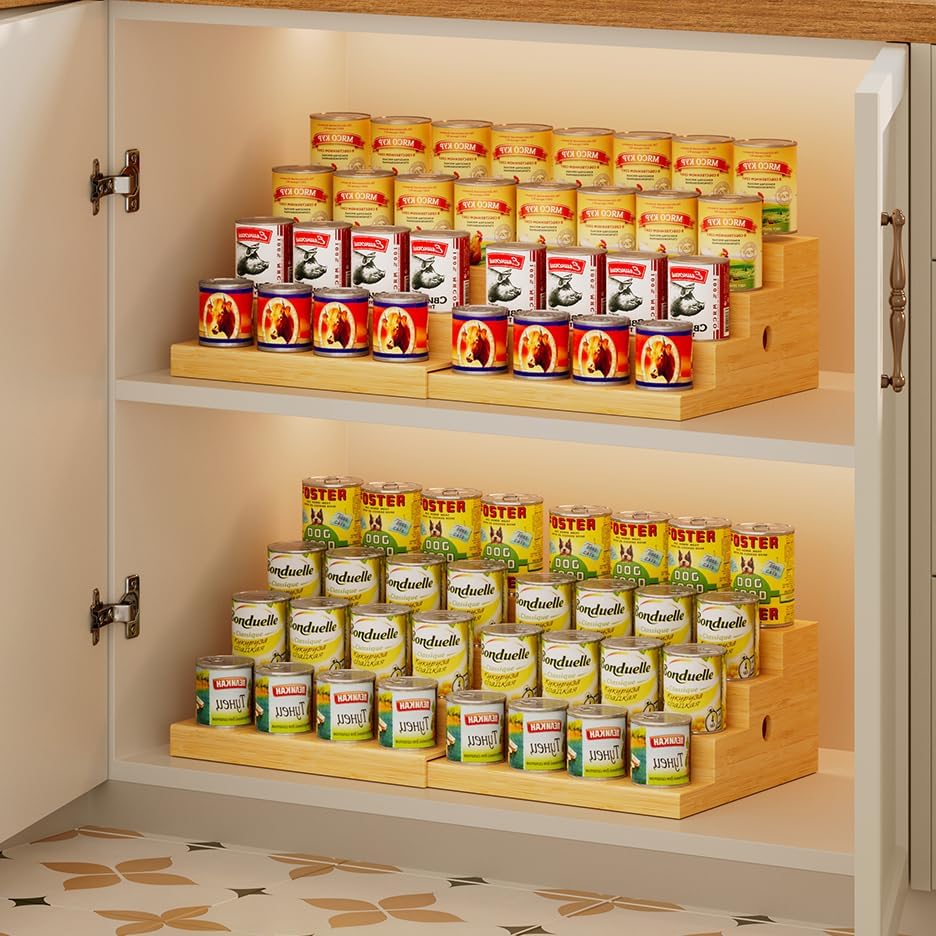 4-Tier Expandable Bamboo Can Storage Rack for Pantry, Holds Up to 32 Cans | Adjustable Can Organizer & Soda Can