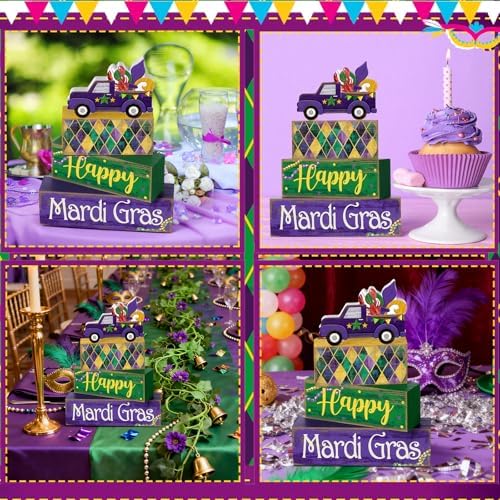 Lineshading 4 Pcs Mardi Gras Tiered Tray Decor Wooden Blocks, Truck