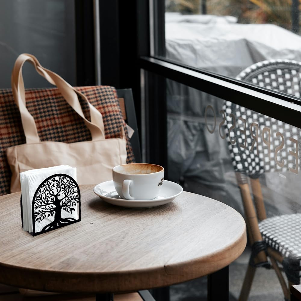 Decorative Metal Napkin Holder / Tree of Life / Black / 4.9 x 4.9 x 1.9