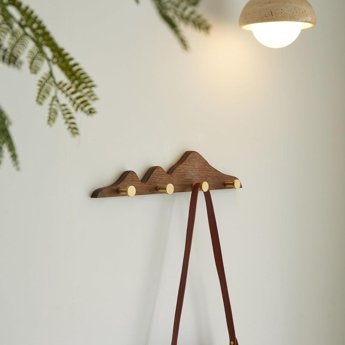 Wall Coat Rack, Walnut Wood, 4 Hooks | Elegant, Solid Coat Hanger Wall Mount, 4 Brass Hooks, Moisture-Resistant Wax Oil