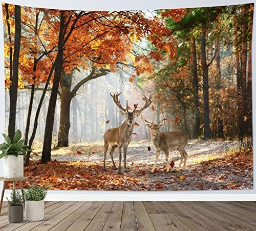 HVEST Fall Tapestry Deer in Orange Maple Tree Forest Wall Art for Bedroom Autumn Nature Landscape Wall Hanging Blanket Holiday Tapestry for Living Room Dorm Wall Decor, 59W x 51L inches