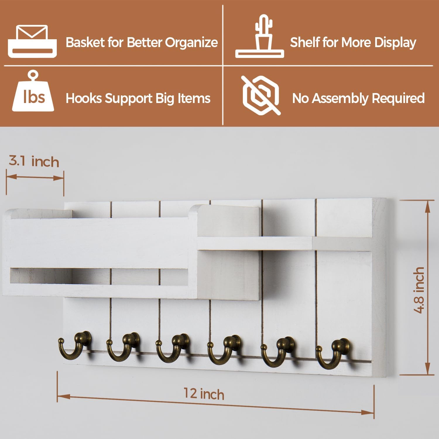 Wooden Key Hanger Rack and Mail Organizer / White / M