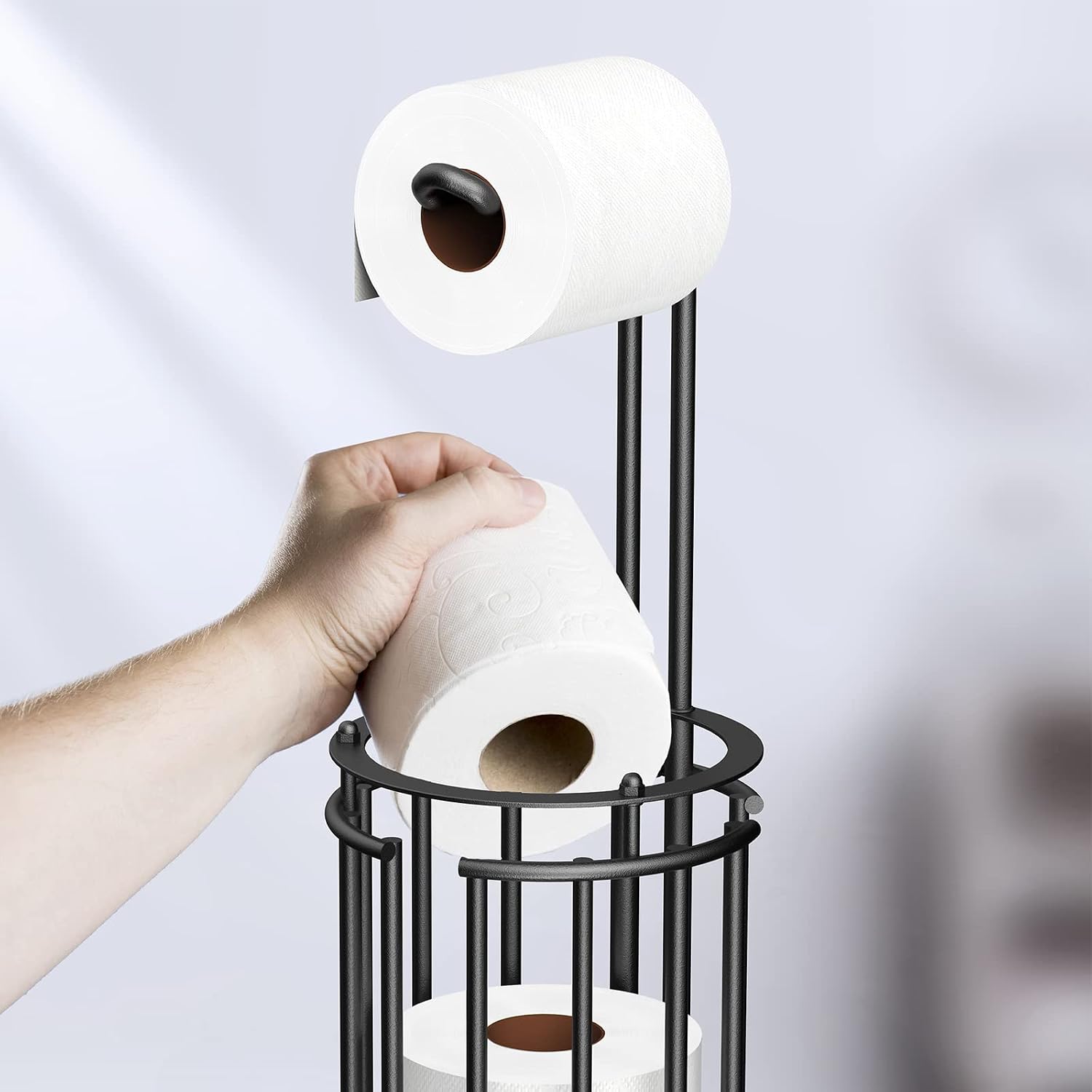 Meangood Toilet Paper Holder Stand and Tissue Paper Roll Dispenser for 4 Mega Rolls, Bathroom Free Standing Tissue Roll