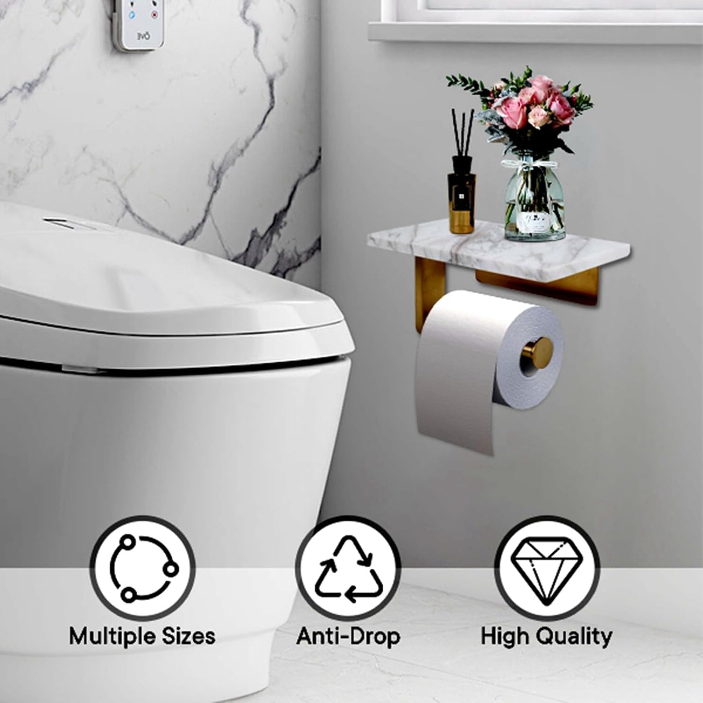 Toilet Paper Holder with Natural Marble Shelf for Bathroom Washroom,Wall Mounted Tissue Holder Suitable for Mega Roll