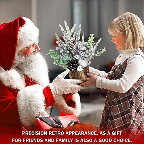 Small Christmas Tree Tabletop Artificial Mini Christmas Tree Decorations with Holiday Ornaments Red Berry Pine Cone Greenery for Home Indoor Fireplace Mantel Xmas Decor (Tree Stump-Silver)