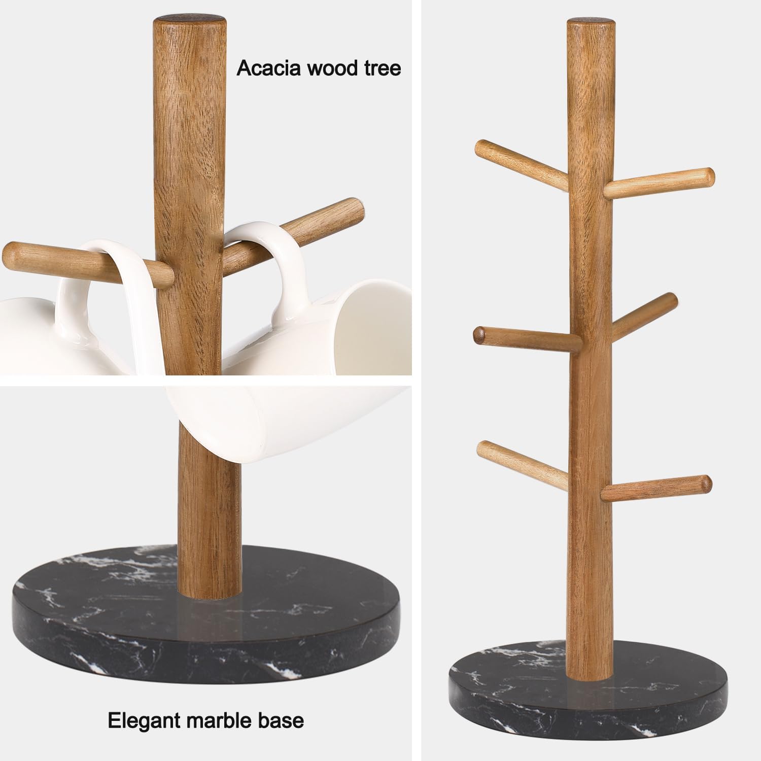 Buruis Mug Holder, Acacia Wood & Marble Base, 6 Hooks Kitchen Countertop Coffee Tea Cups Organizer | Coffee Mug Rack