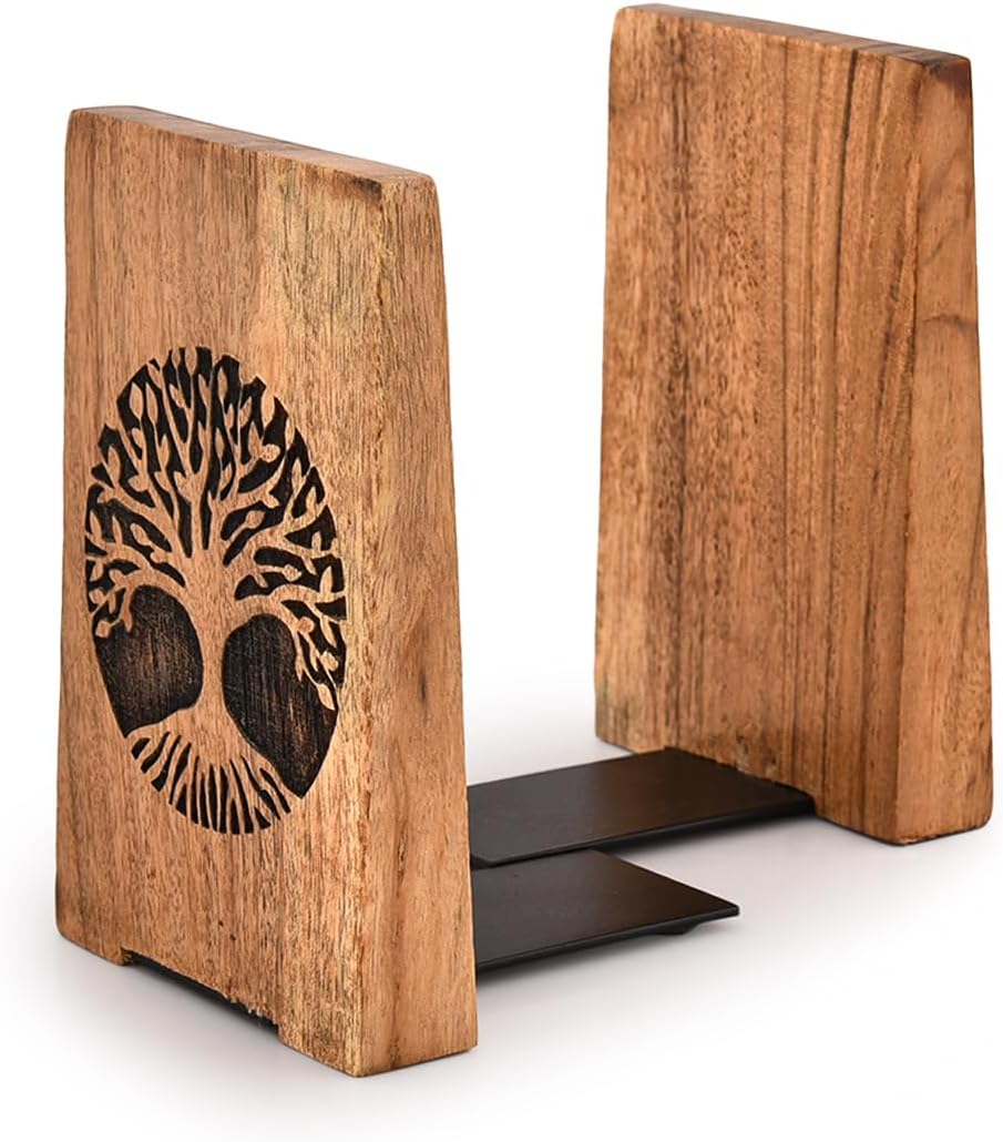 Office Bookends Iron & Acacia Wood Tree of Life Office Bookends