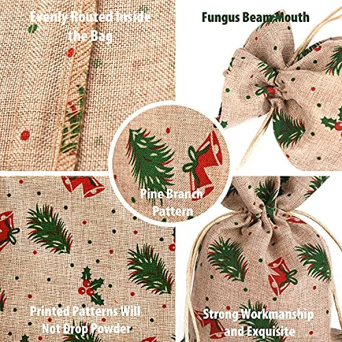 XCFWin 12 Pack Of Christmas Gift Bags With Drawstring Reusable Designs For Christmas Party Supplies Favors (pine branch, 13 * 18cm/5 * 7inch)