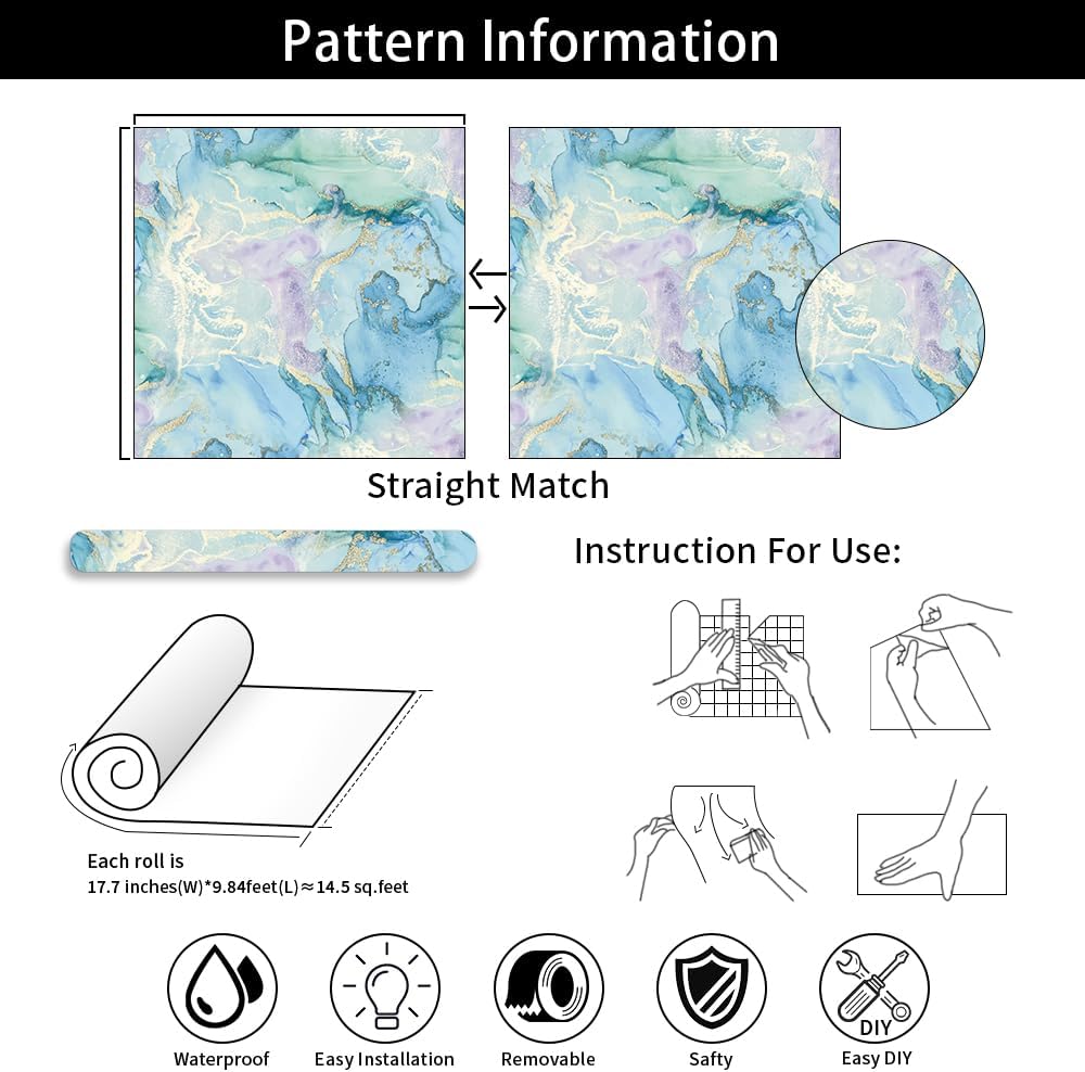 Watercolor Blue Gold Marble Peel and Stick Wallpaper Self / 17.7 x 118.1 / Mint Green and Gold