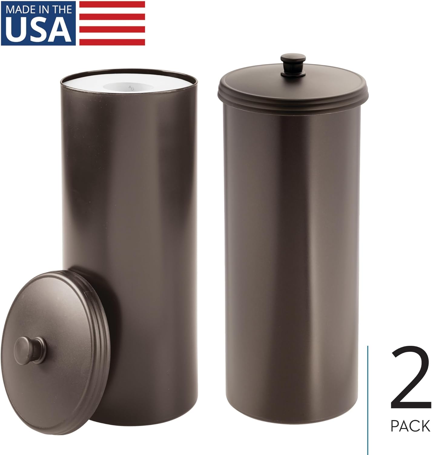 iDesign Freestanding Bathroom Toilet Paper Storage Holder, 2-Pack, Bronze | With Lid, Holds 3 Extra Rolls