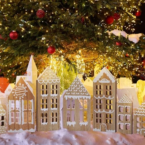 Briwooody 7 Wooden Christmas Village Houses Set, Brown
