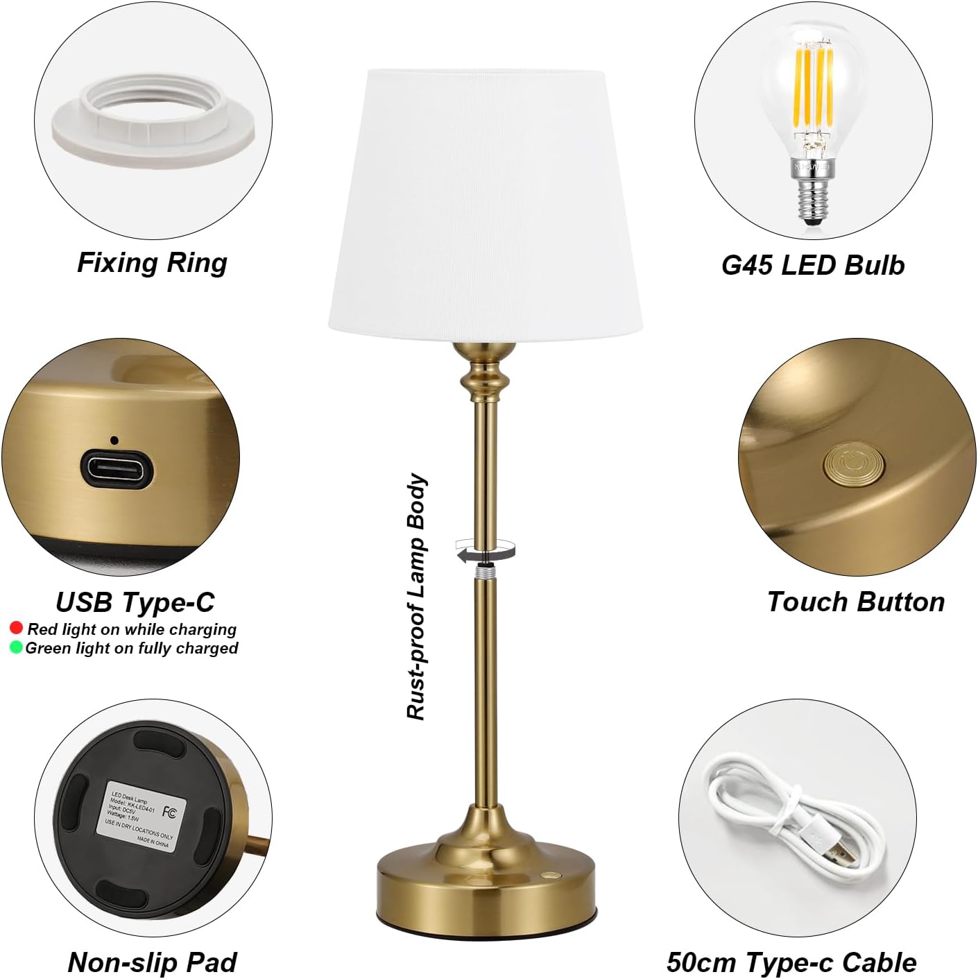 Kakanuo Cordless Table Lamps Rechargeable Set - 2 Pack Gold 4000mAH Battery Operated Lamps for Decor, 3000K Stepless