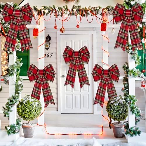 2 PCS Christmas Bows for Wreaths, 12" x 18" Red Christmas Decorations, Buffalo Plaid Christmas Tree Bow White Black Red Christmas Bows for Outside PVC Large Red Christmas Bows for Fence Fireplace