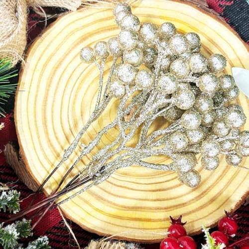 Fangoo 20 Pack 7 Inch Artificial Champagne Gold Berry Stems Christmas Champagne Gold Berries Picks Holly Berry Branches for Christmas Tree Ornaments DIY Crafts Wedding Holiday Season Winter Home Decor