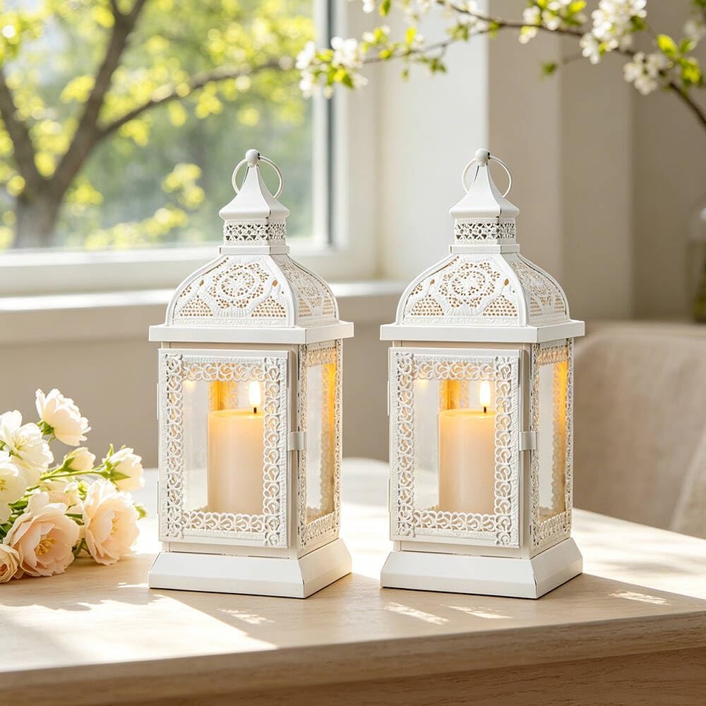 TRIROCKS Set of 2 Rustic Style Metal Candle Lantern 13'' High Decorative Outdoor Lantern Candle Holder with Tempered