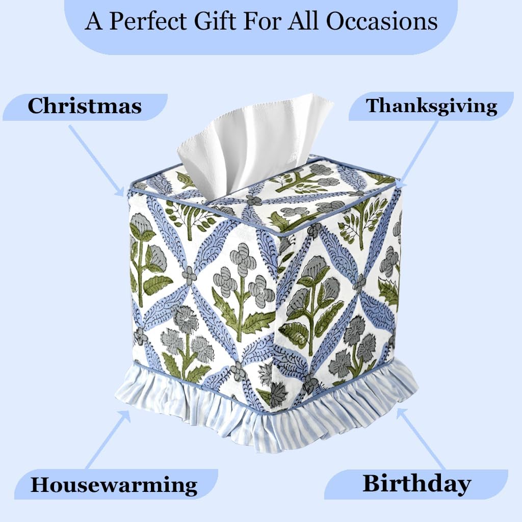 Block Print Ruffle Tissue Box Cover Handmade Cotton Decorative Square Napkin / Light Steel Blue