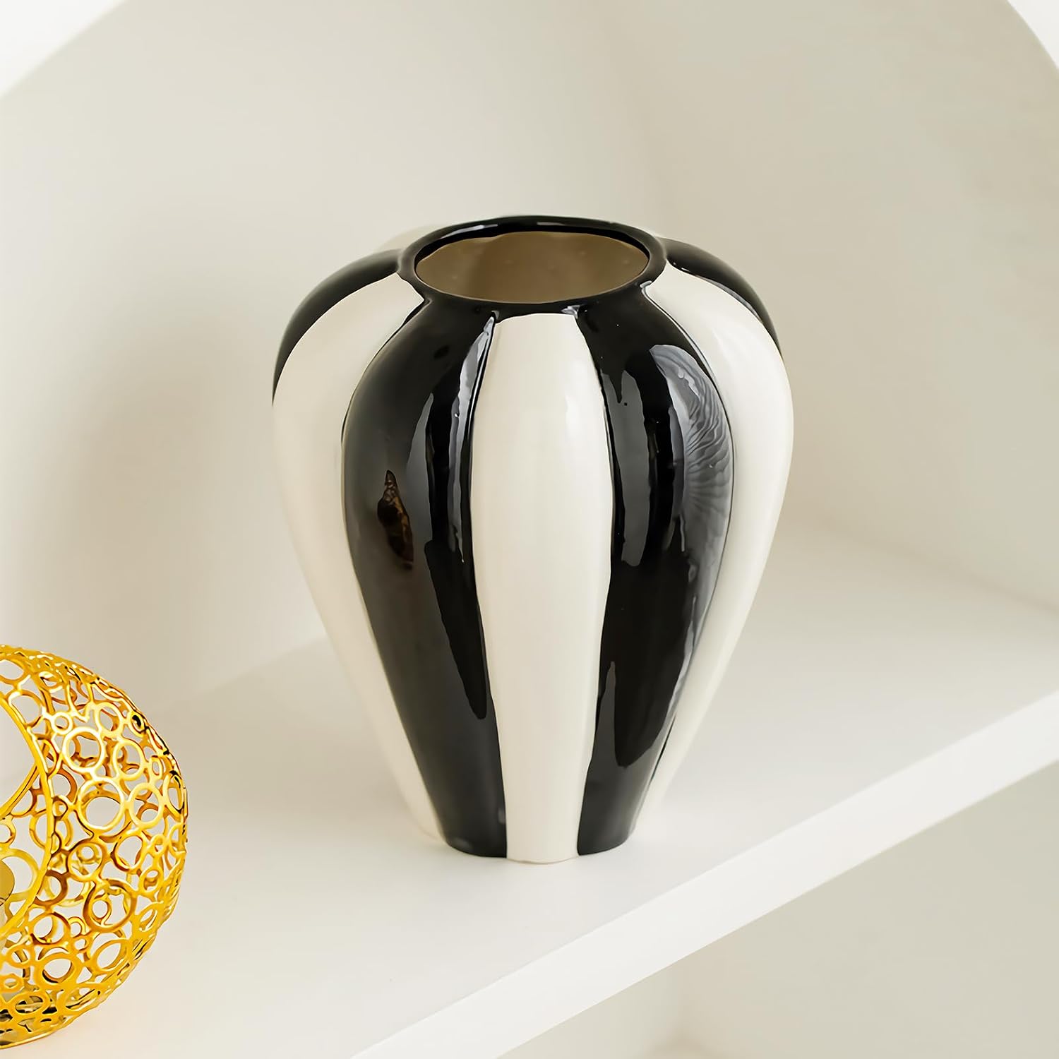 White Striped Ceramic Vase / Black