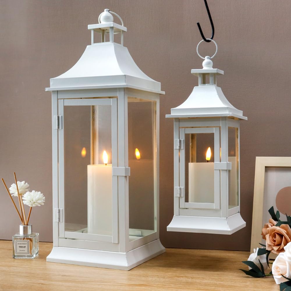 JHY DESIGN Set of 2 19.5''&13''Tall Vintage Candle Lanterns Outdoor Hanging Tower Lantern Metal Candle Holder for