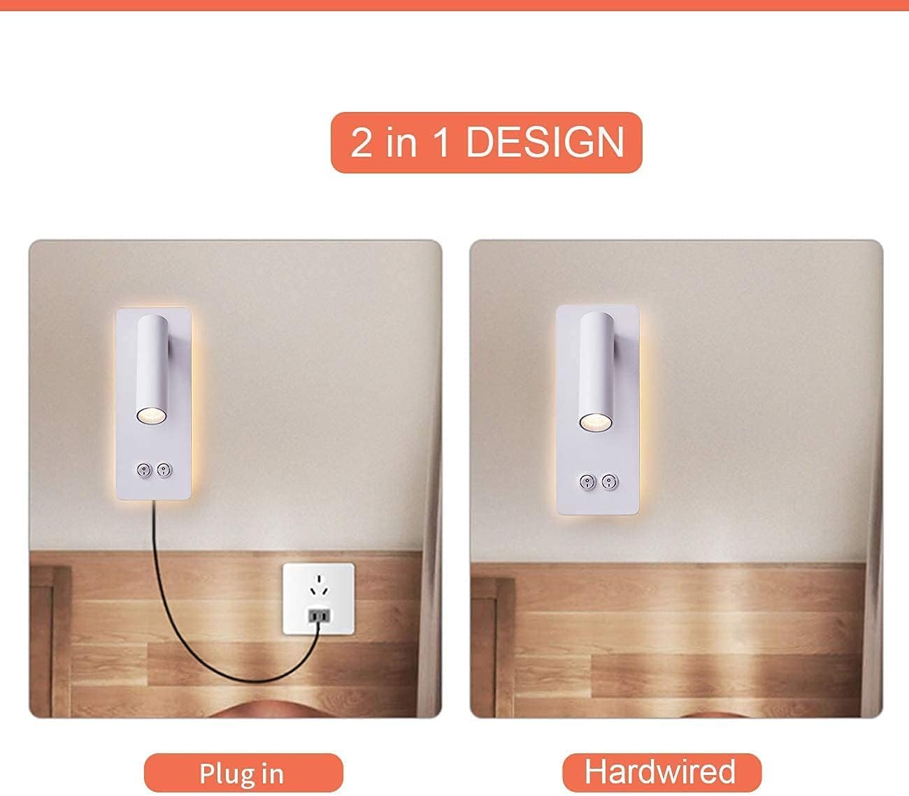 Bedside Reading Lamp Wall Mounted, LED Wall Reading Lights for Bed, Plug in Wall Sconce Set of 2, Bed Reading Light 3W