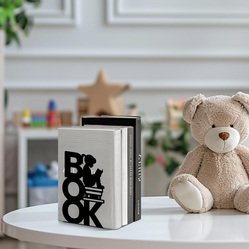 Metal Bookends / Modern Decorative Heavy Duty Study Book Support Stoppers / Book and Reading Girl