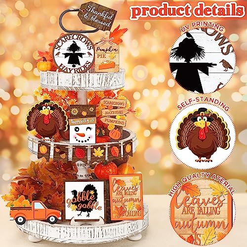 FairySandy 14 Pcs Fall Thanksgiving Tiered Tray Decor Set, Turkey Wood Sign