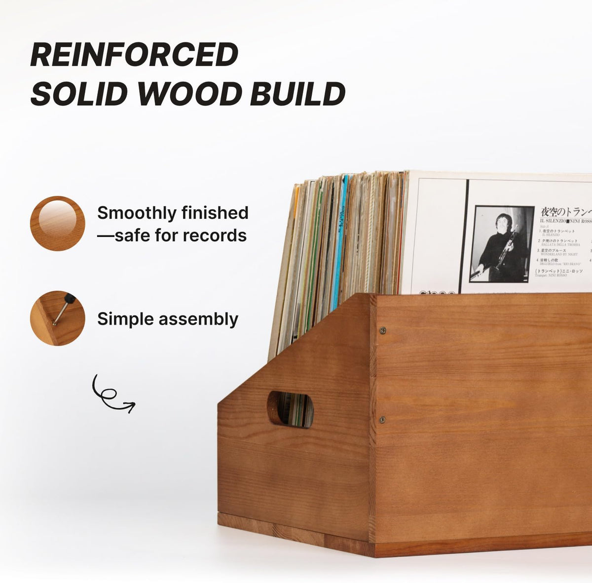 Vinyl Record Storage Crate, Solid Wood Rustic Record Box Holds 60 LP Albums, Wooden Record Holder Organizer with