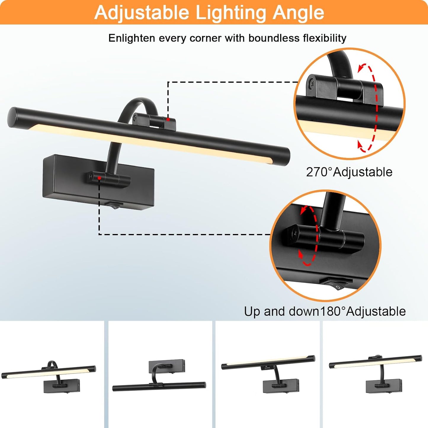 Tassuowell Wireless Battery Operated Picture Light,Rechargeable Wall Light with Remote and Timer,15.75 Inch Black