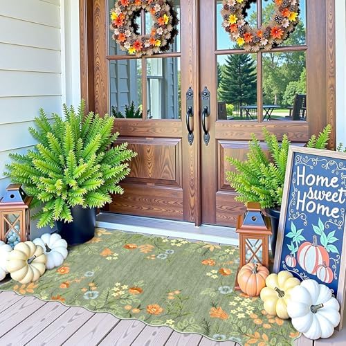 Front Door Mat Indoor Entrance - 2x4.3 Ft Sage Green Floral Washable Layered Doormat Outdoor Entrance Porch Rug