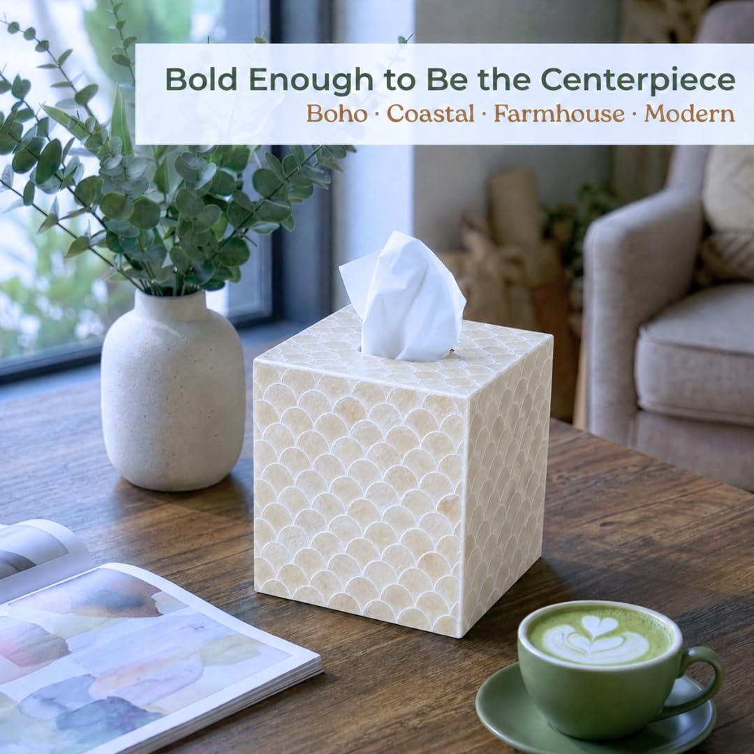 Square Decorative Holder / 5.9" Capiz Shell Tissue Box Cover for Kleenex and More