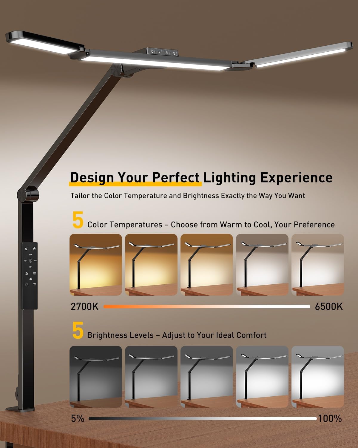 GUARDKING Desk Lamp for Home Office with Clamp 33.4" 5 Color & 5 Brightness | Led Desk Light with Remote Control