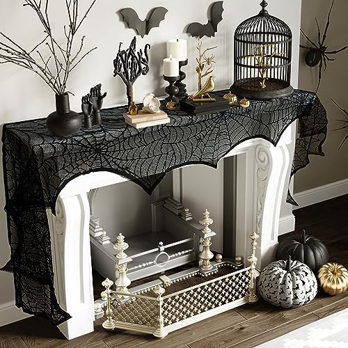 OurWarm Halloween Mantle Scarf, Lace Black Spider Web Fireplace Cover Decor