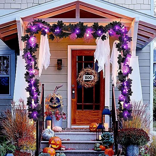 Halloween Black Leaf Garland with Purple Lights, 2 Pack