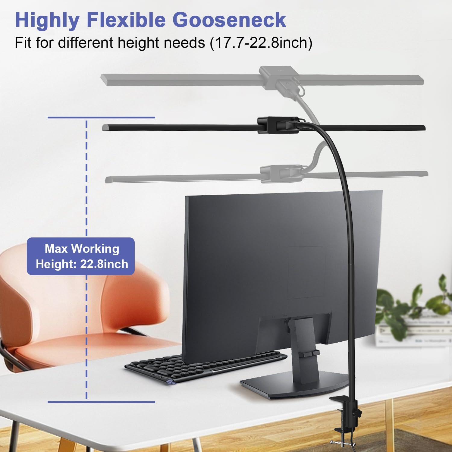 24W Led Desk Lamps with Clamp for Office Home, 31.5-in Double Head, Black | Dual Screen Computer Monitor Desk