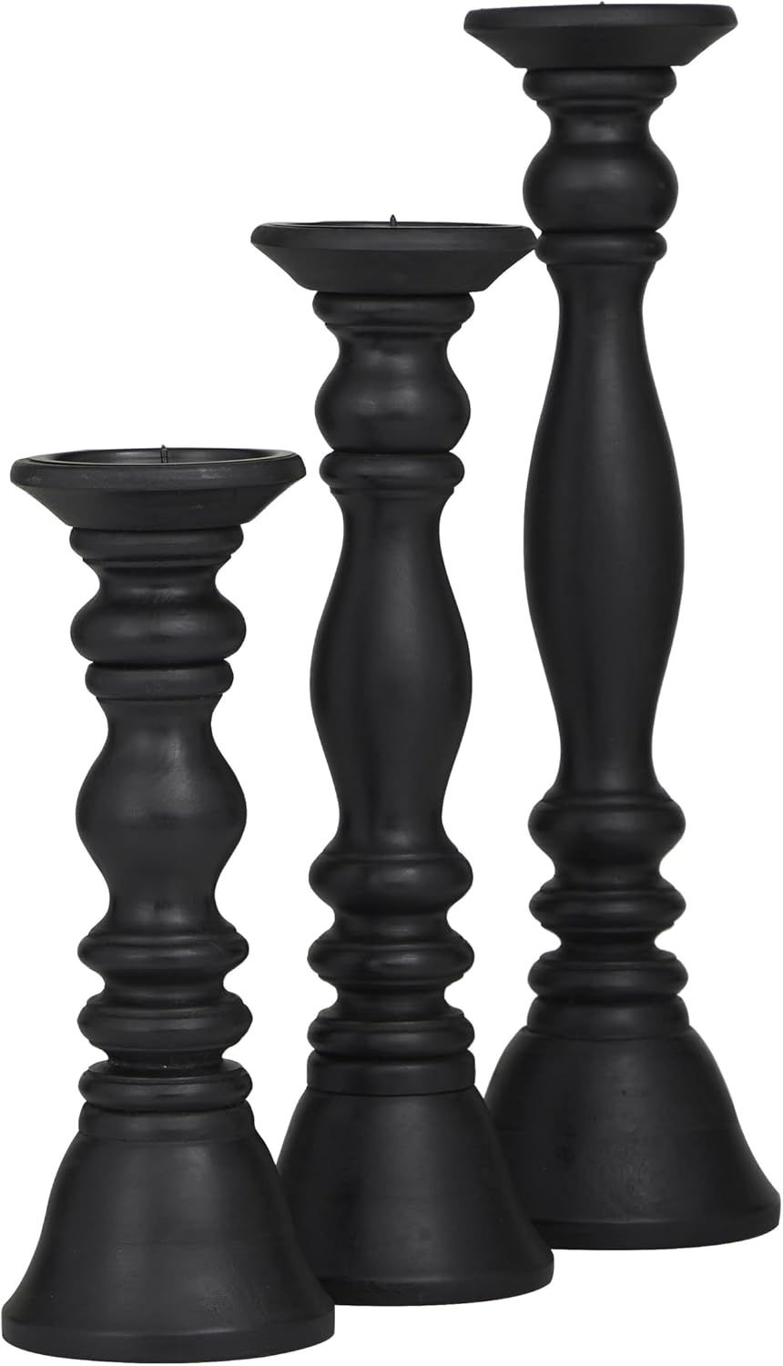 Deco 79 Wood Decorative Candle Holder Turned Style Pillar Candle Stand, Set of 3 Candlestick Holder 18, 15, 12'H, Black
