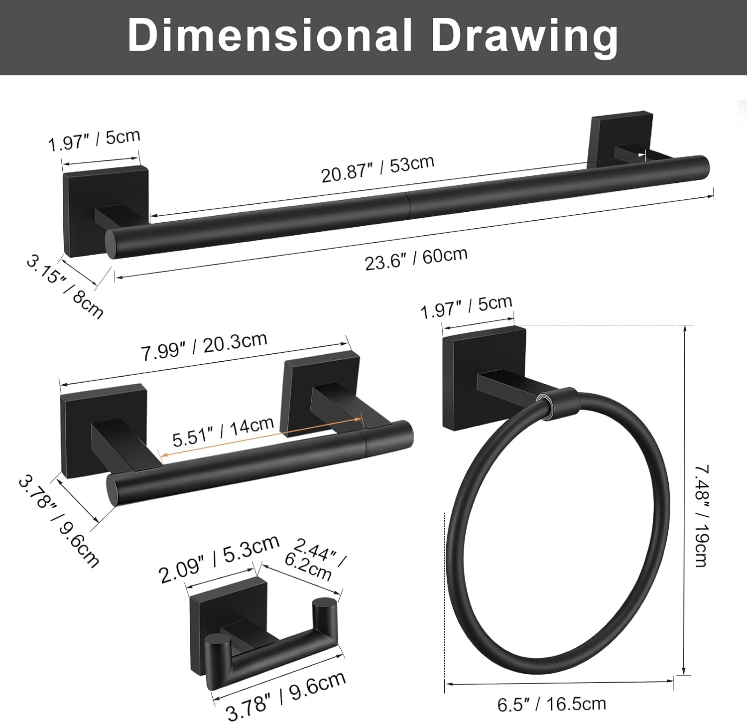 Matte Black Towel Bar Set, 5 Pieces Double Dase Toilet Paper Holder Bathroom Hardware Set, 23.6 Inch Stainless Steel