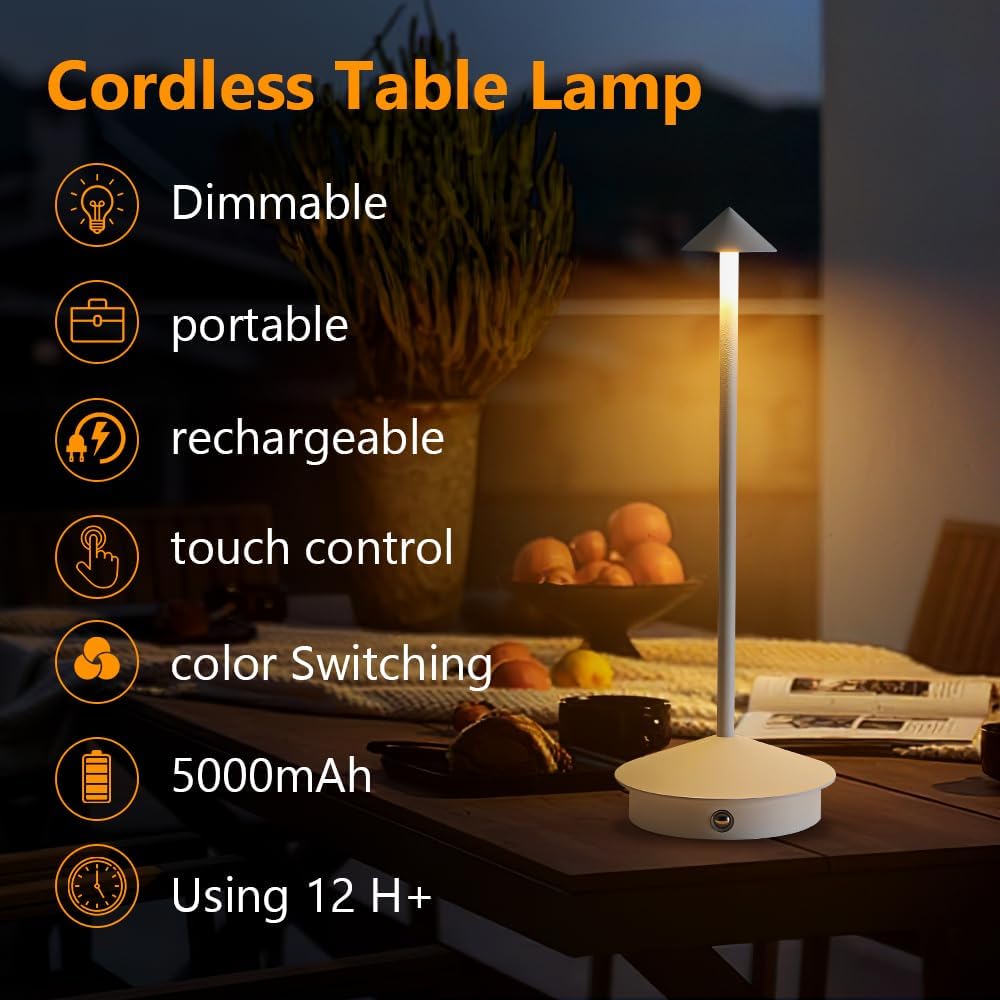 2 Pack LED Rechargeable Cordless Table Lamps,Portable Outdoor 5000mAh Battery Operated Table Light Touch Control 3