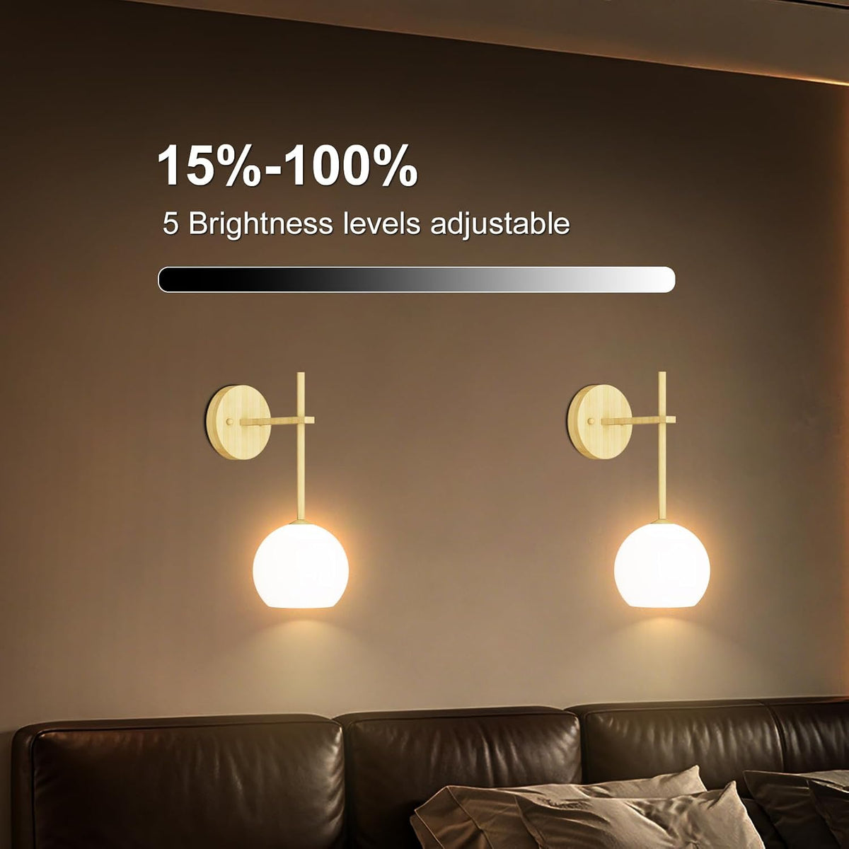 Wood Grain Battery Operated Wall Sconces Set of 2, Rechargeable Wireless Wall Lights with Milky White Frosted Glass, 12