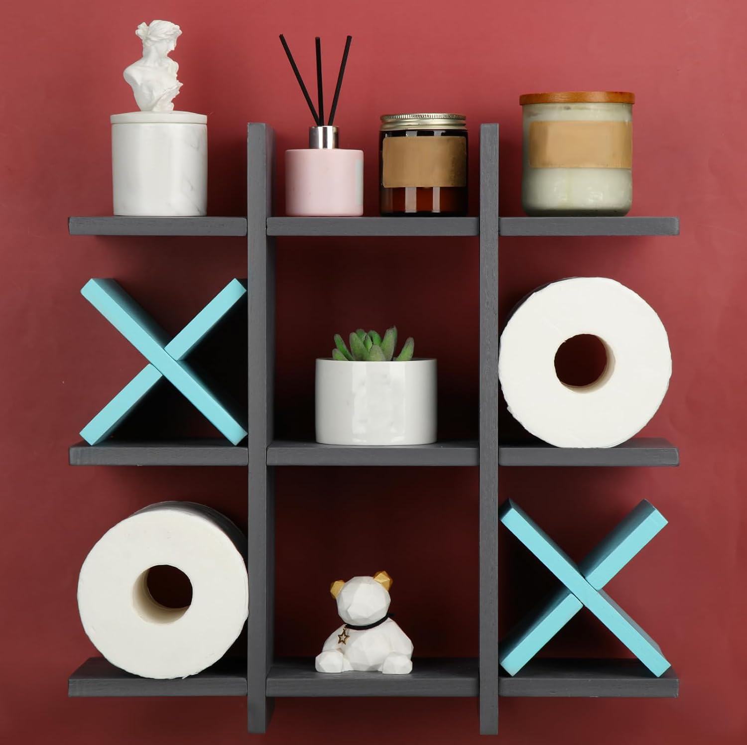Weysat Tic Tac Toe Toilet Paper Holder,Gray, Light Blue | Farmhouse Bathroom Decor, Freestanding or Wall Mount Storage