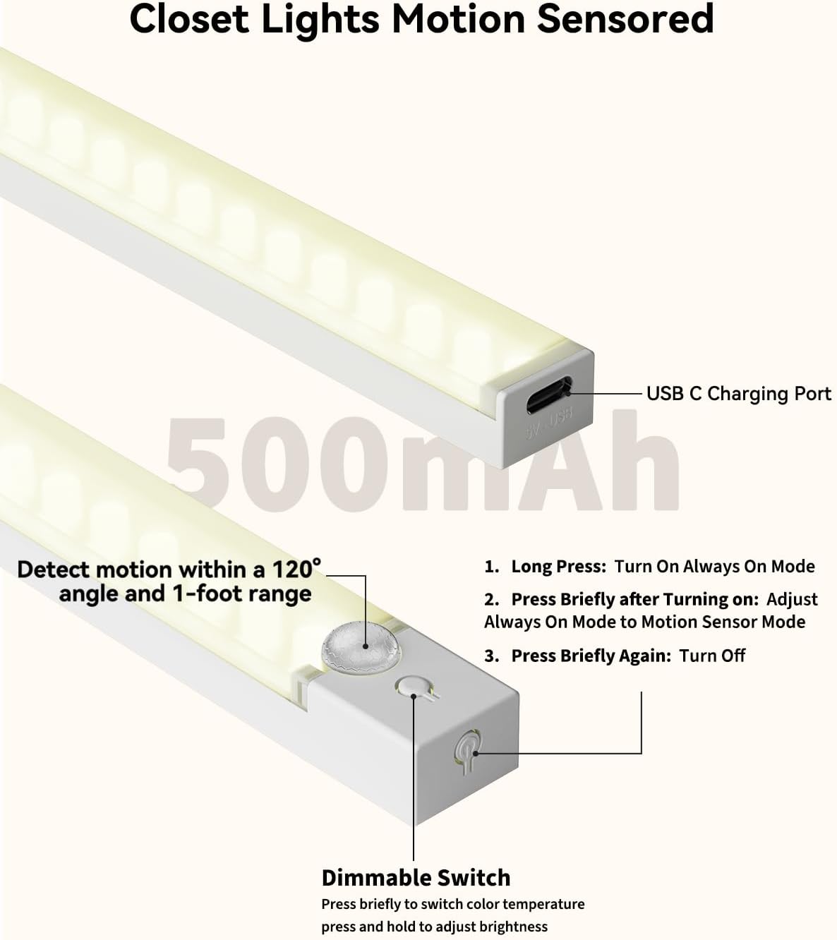 8Inch Under Cabinet Lighting Rechargeable with Charge Station, 6Pack | Motion Sensor Light Indoor 3 Color Dimmable