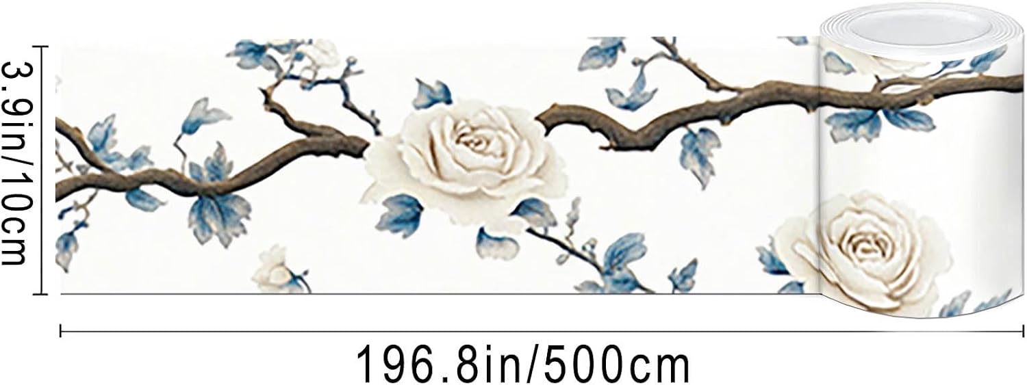 Wallpaper Border Peel and Stick PVC Rose and Branch Design / White Rose Branch / 4 x 196