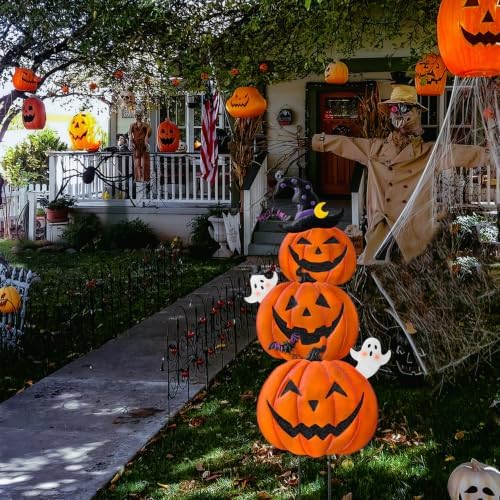 39.8" Halloween Garden Stakes, Stacked Metal Pumpkins Jack-o-Lantern Lawn Decor with Witch Hat, Shimmering Metal Yard Signs Stake Outdoor Decorative Pumpkin for Home Lawn Pathway Decor
