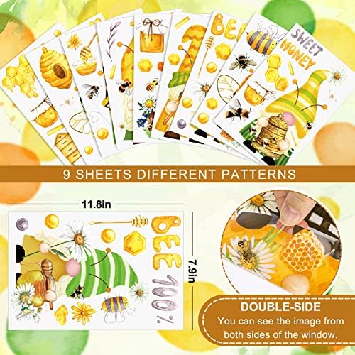 Whaline 9 Sheets Bee Gnome Window Clings Summer Floral Honeycomb PVC Window Stickers for Summer Home Room Classroom Decor Party Supplies