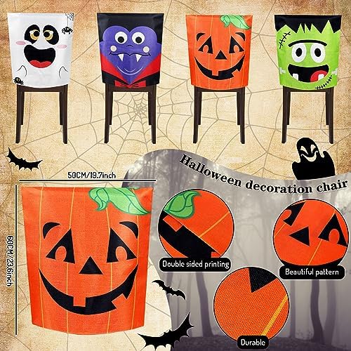 Whaline 4 Pack Halloween Chair Covers Spooky Chair Back Covers Cute Cartoon Halloween Characters Dining Room Seat Covers Removable Washable Chair Slipcovers for Halloween Party Home Kitchen Decor