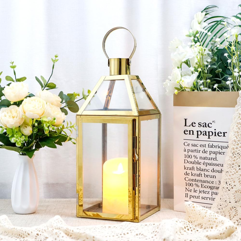 JHY Design Gold Decorative Lanterns 16" H Stainless Steel Candle Lanterns with Tempered Glass for Indoor Outdoor Events