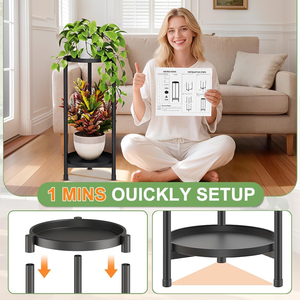 2 Tier Black Plant Stand Indoor Outdoor,30 Inch Tall Metal Flower