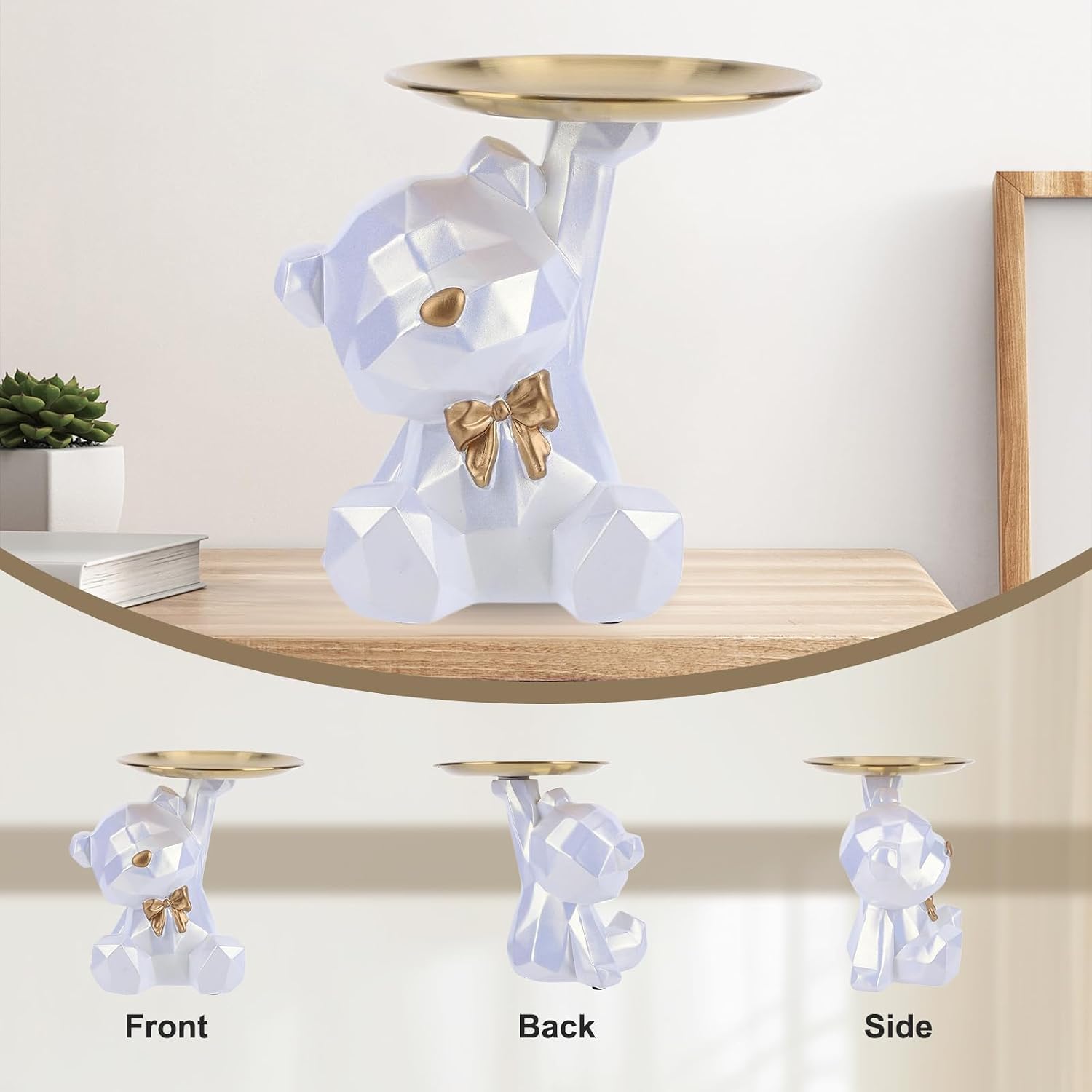 2025 New Geometric Bear Storage Tray Resin Lovely Nordic Bear Sculptures Keys / Shiny Style-white