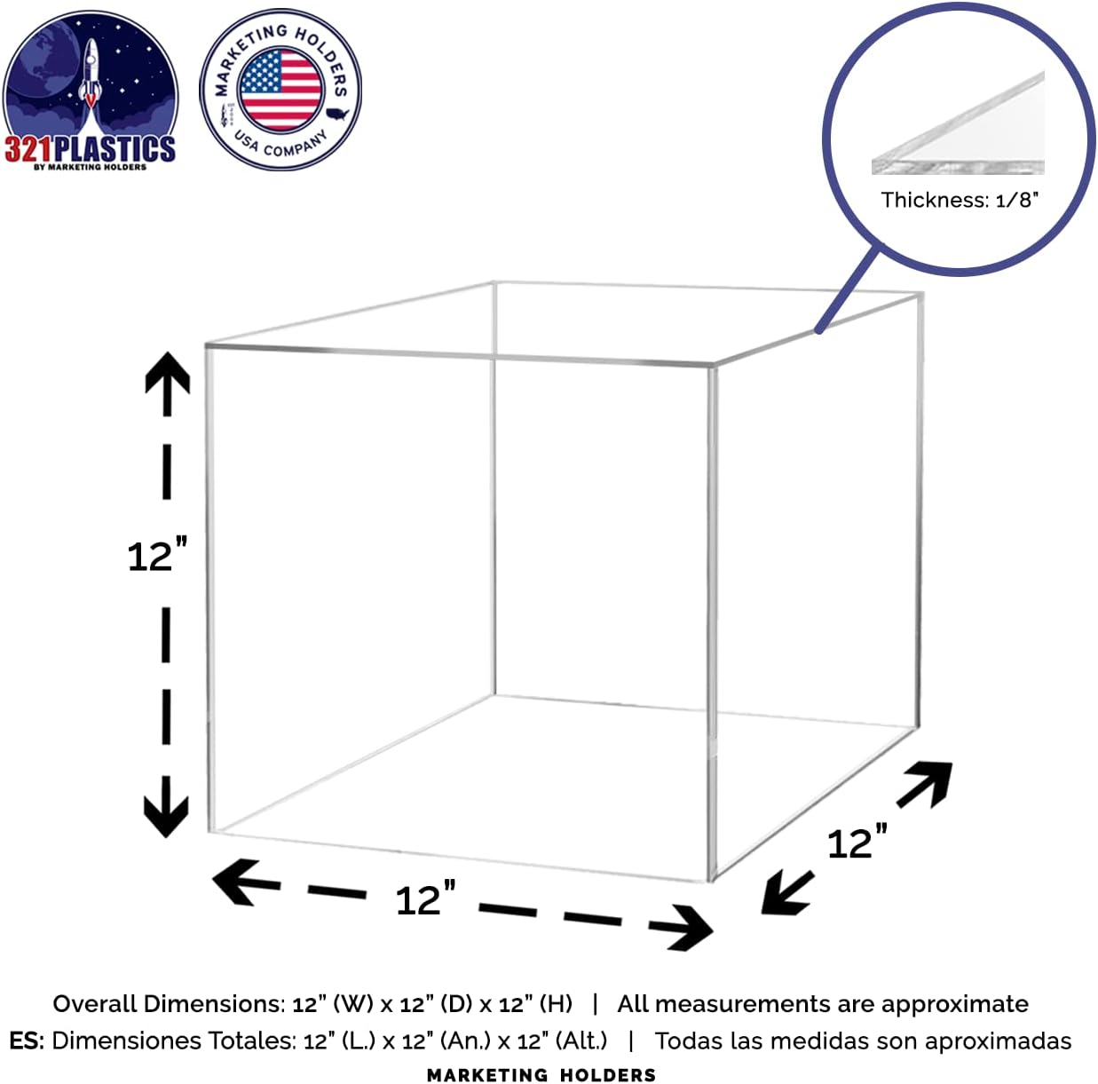12" Acrylic Display Riser Box with One Open Side No Lid Versatile Clear Glossy Square Lucite Retail Product Platform or