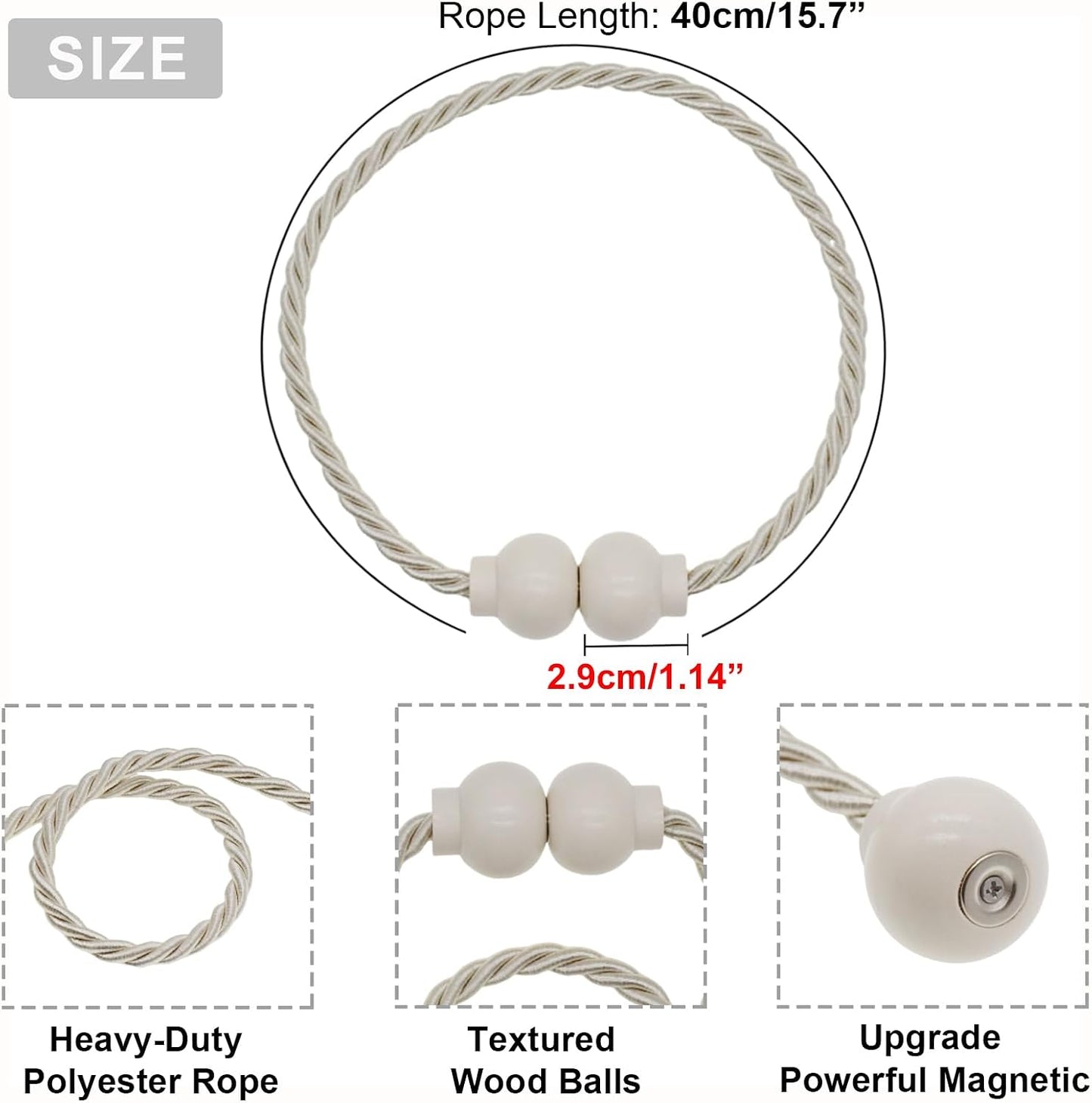 6Pcs Magnetic Curtain Tiebacks Modern Handmade Rope Curtain Tie Back Beige | Decorative Drapes Weave Holdbacks for Home
