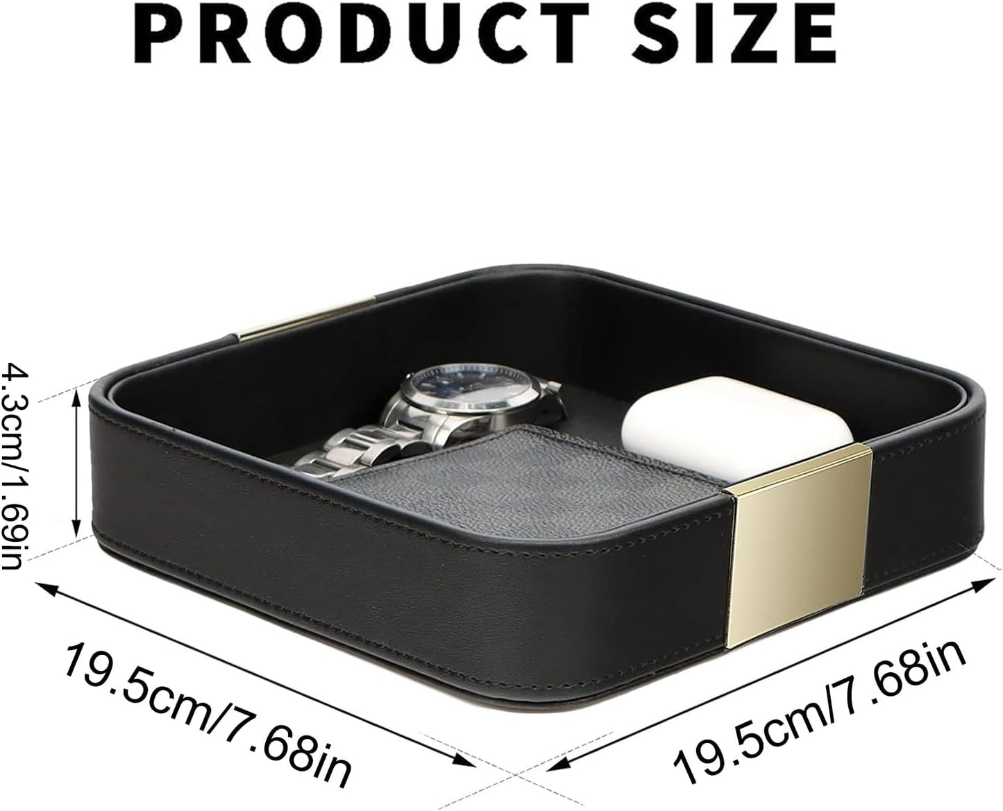 Leather Desktop Storage Small Catchall Organizer Decorative Tray / 7.7 x 7.7 x 1.7 / Black