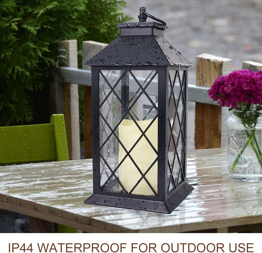13.5" Black Vintage Candle Lantern with LED Pillar Candle and Timer - IP44 Waterproof Porch Light - Tabletop Lantern